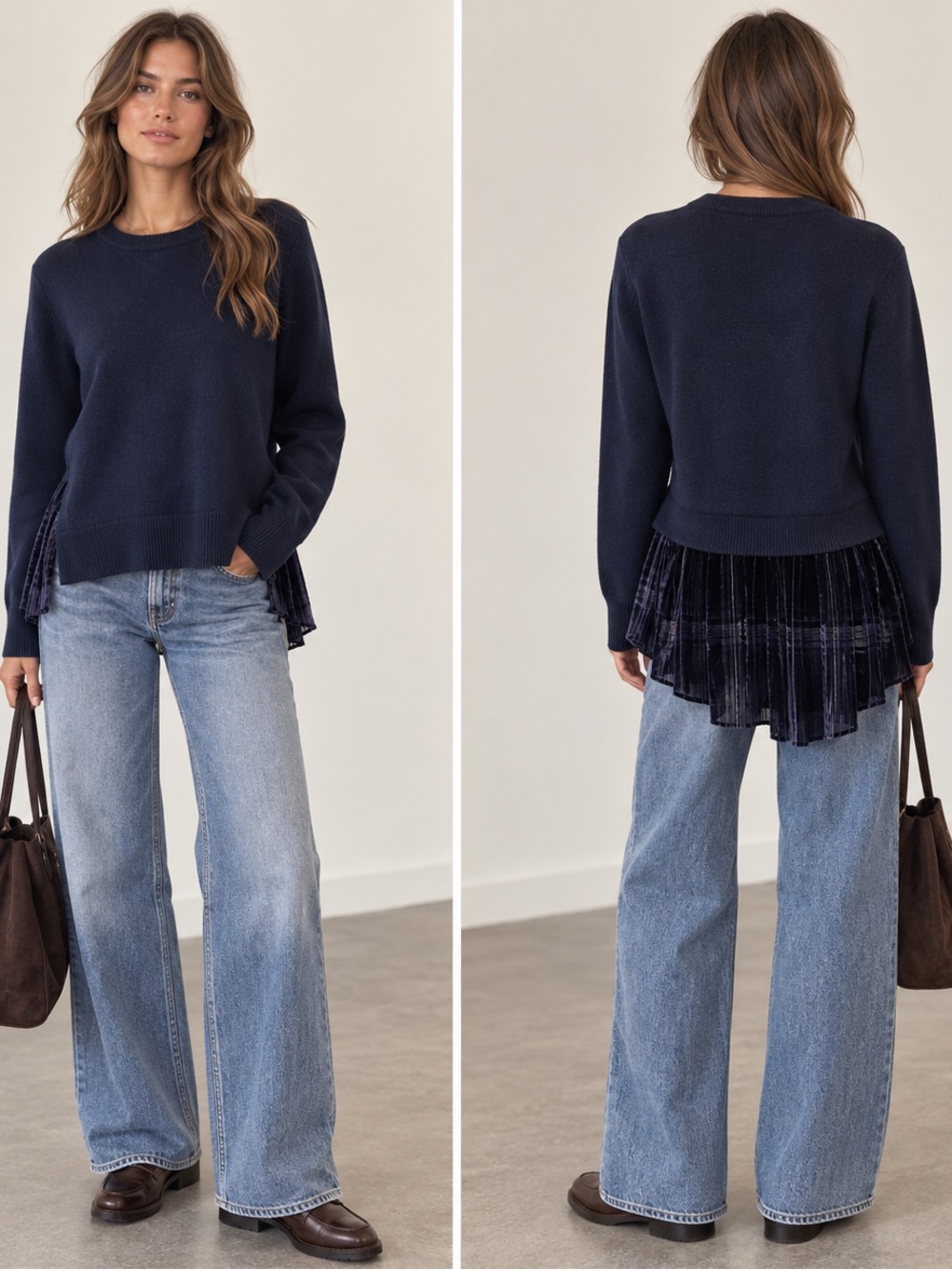 Elie Tahari Navy 100% Merino Wool Sweater Plaid Silk Pleated Tail Layer Size Med